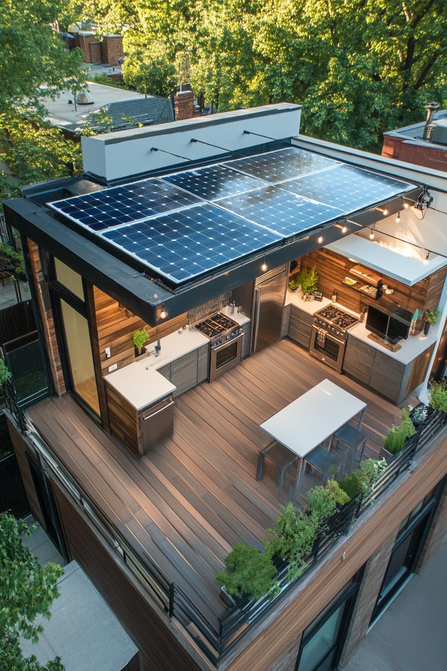 modern house rooftop deck with a solar panel and outdoor kitchen