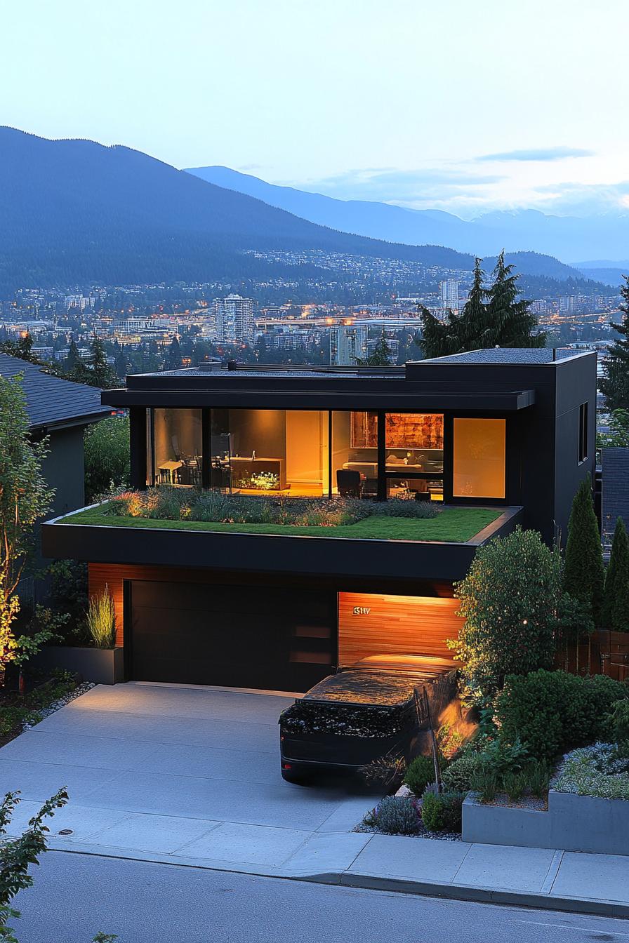 modern house with detached garage with green roof garden stunning city mountain views