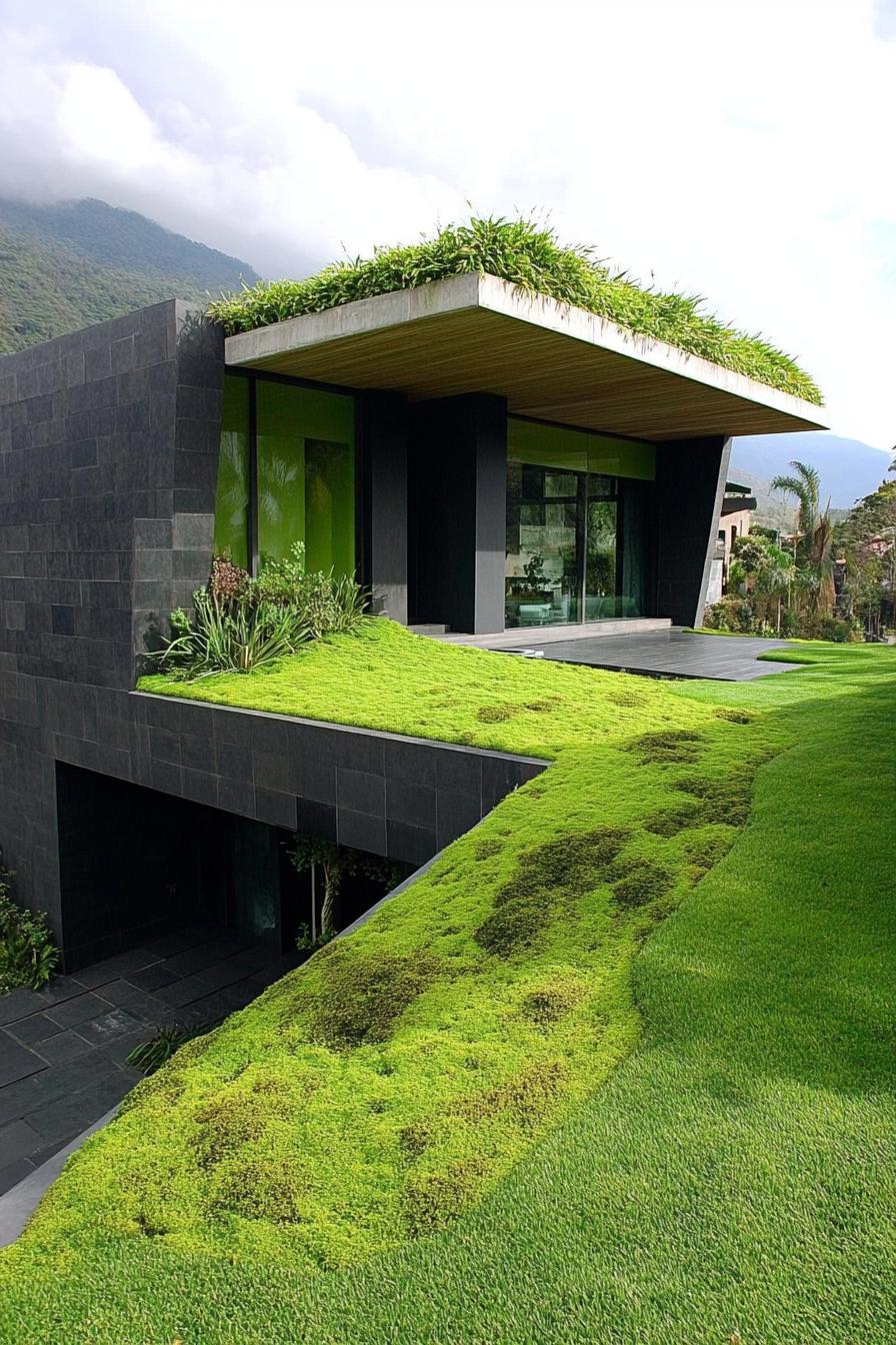 modern house with green color facade and moss covered eco roof 1