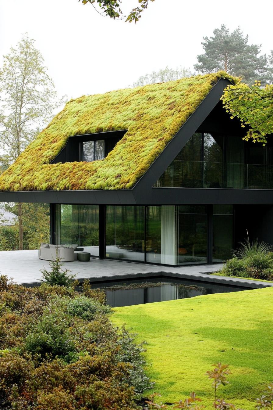 modern house with green color facade and moss covered eco roof 2