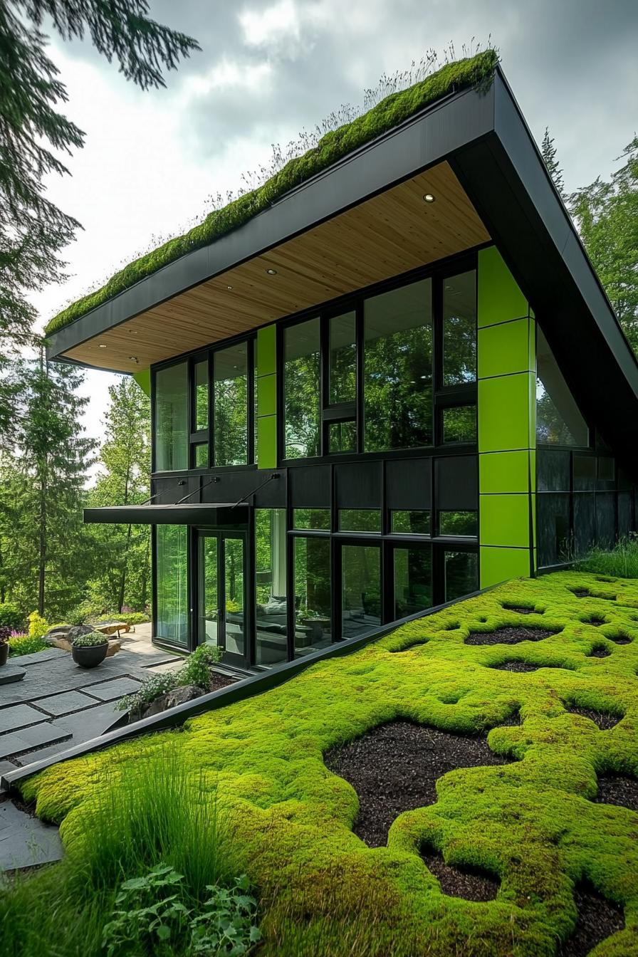 modern house with green color facade and moss covered eco roof 3