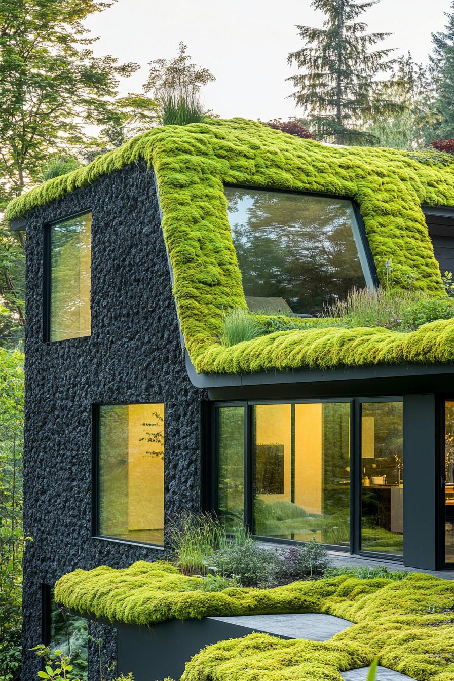 modern house with green color facade and moss covered eco roof