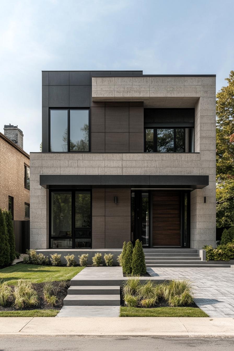 modern house with precast concrete facade with geometric patterns suburban neighborhood in summer 1