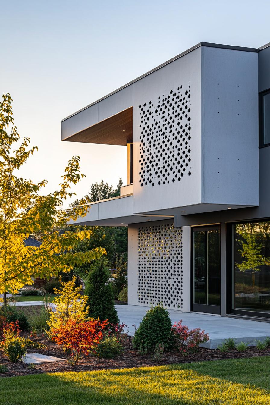 modern house with precast concrete facade with geometric patterns suburban neighborhood in summer 2