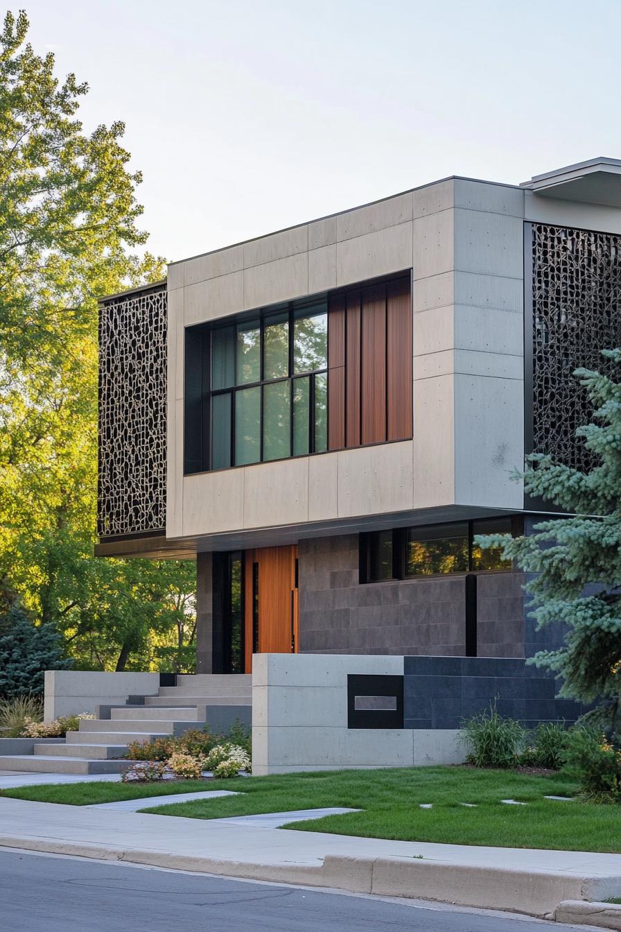 modern house with precast concrete facade with geometric patterns suburban neighborhood in summer 3