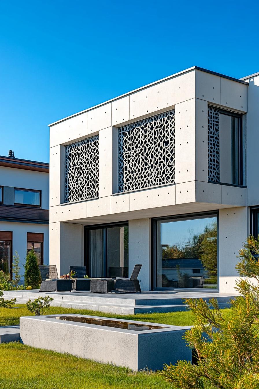 modern house with precast concrete facade with geometric patterns suburban neighborhood in summer