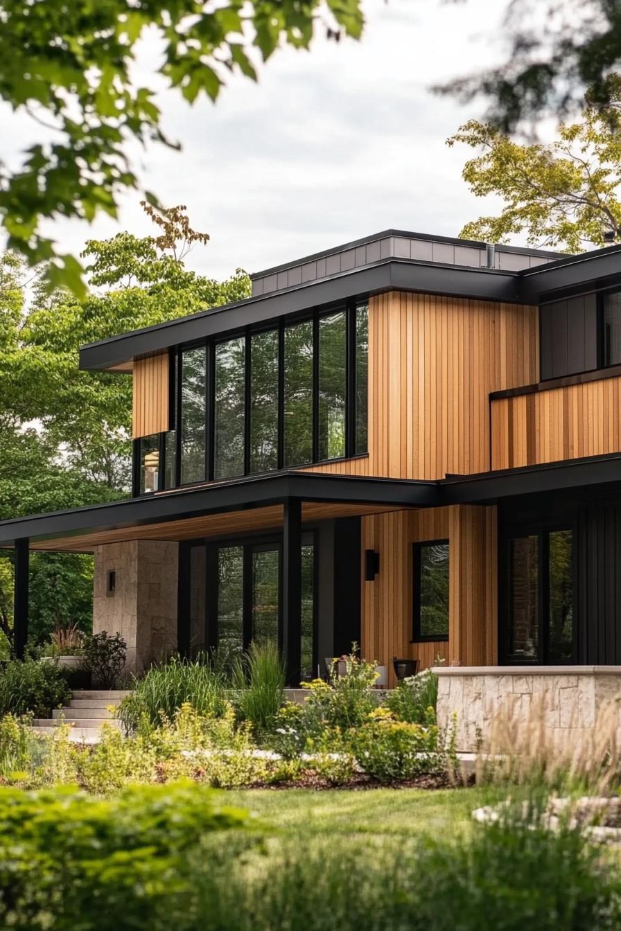 modern house with vertical cedar shiplap exterior and black trim