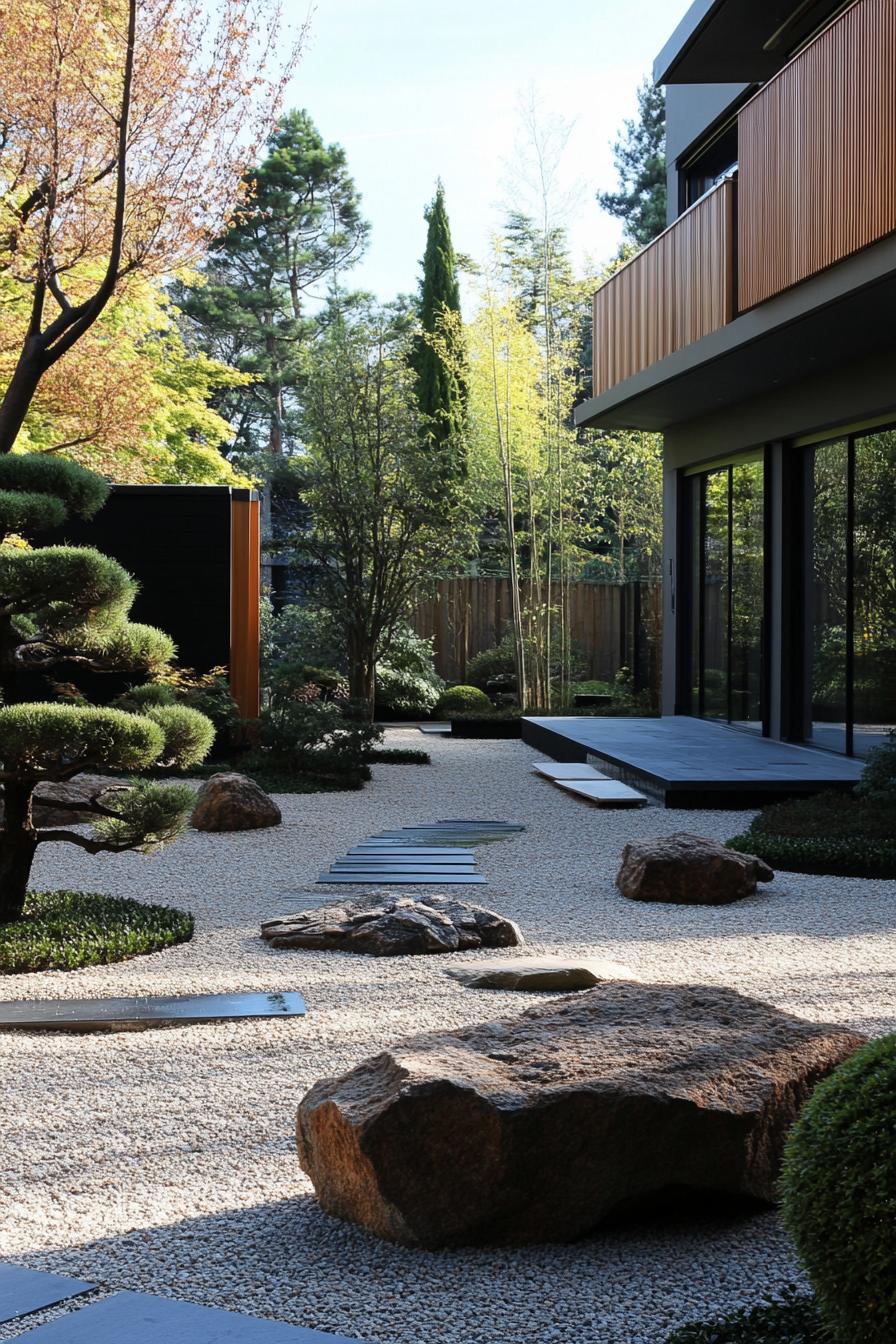 modern house yard with zen garden features