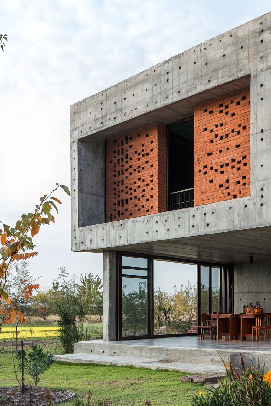 modern industrial home concrete and brick facade in picturesque fields 1