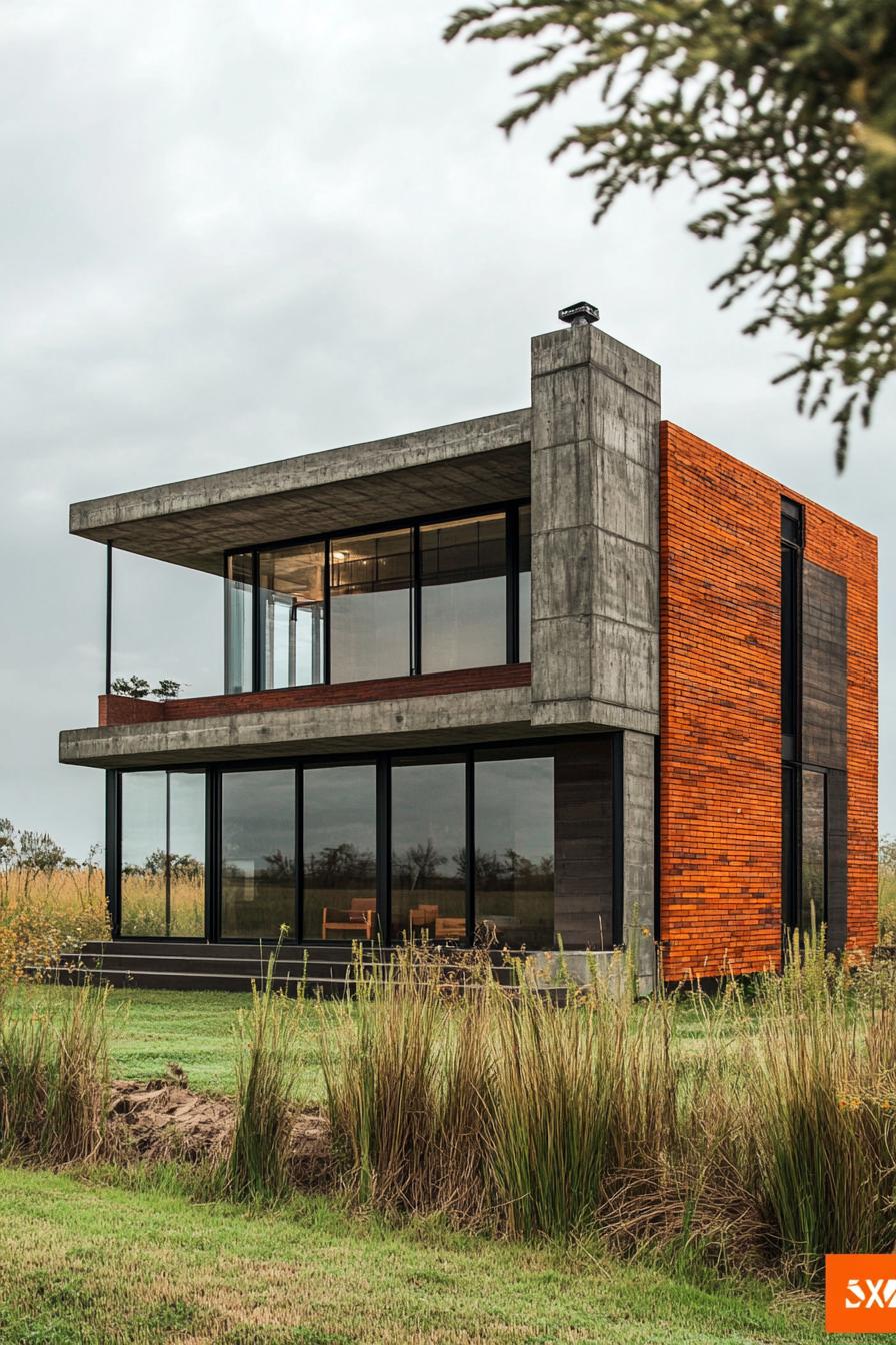 modern industrial home concrete and brick facade in picturesque fields 2