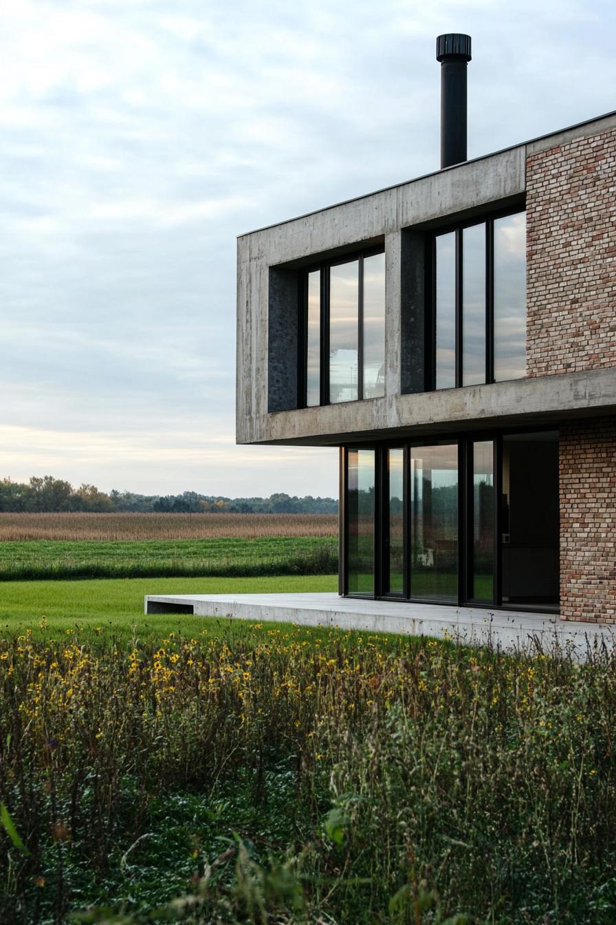 modern industrial home concrete and brick facade in picturesque fields 3