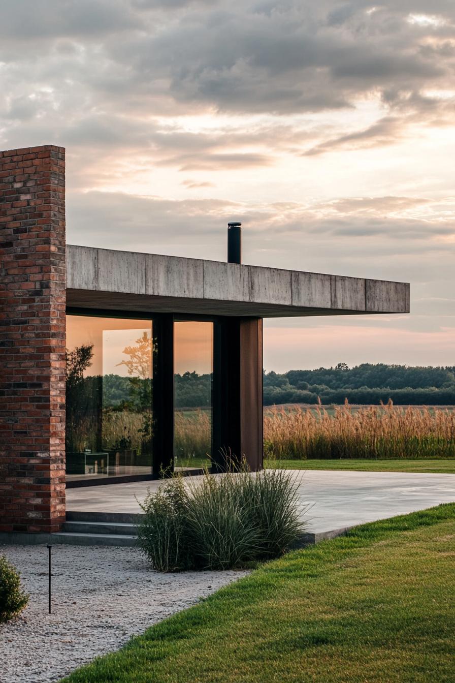 modern industrial home concrete and brick facade in picturesque fields