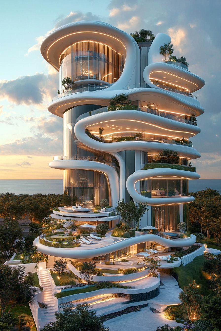 modern luxury sky mansion with towers and high terraces with gardens 2