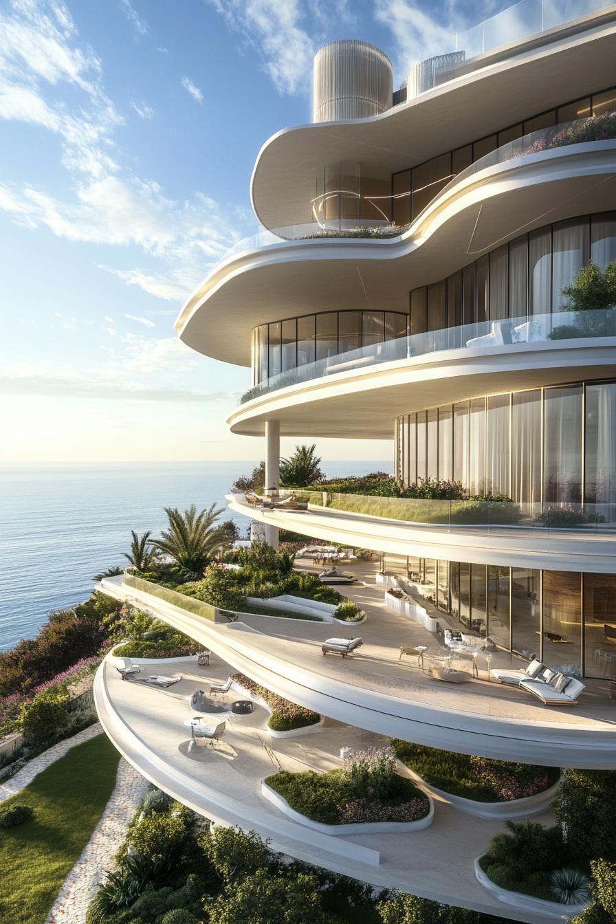 modern luxury sky mansion with towers and high terraces with gardens