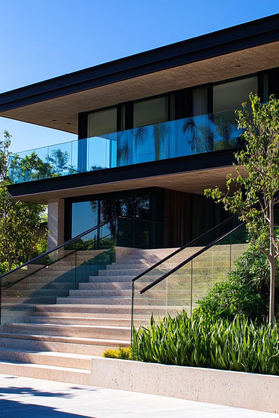 modern mansion exterior with glass staircases 1