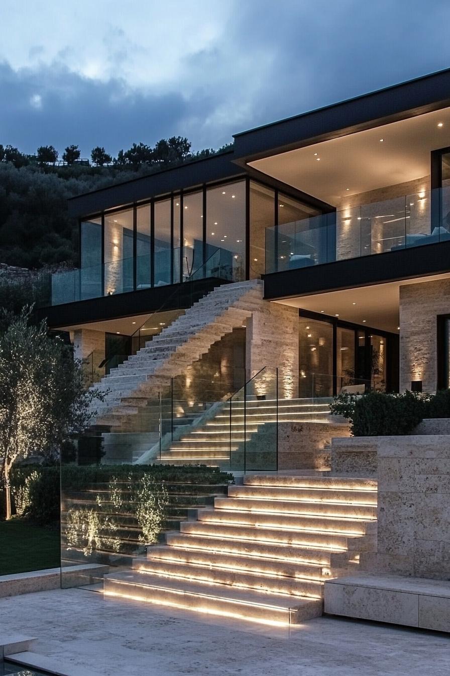 modern mansion exterior with glass staircases