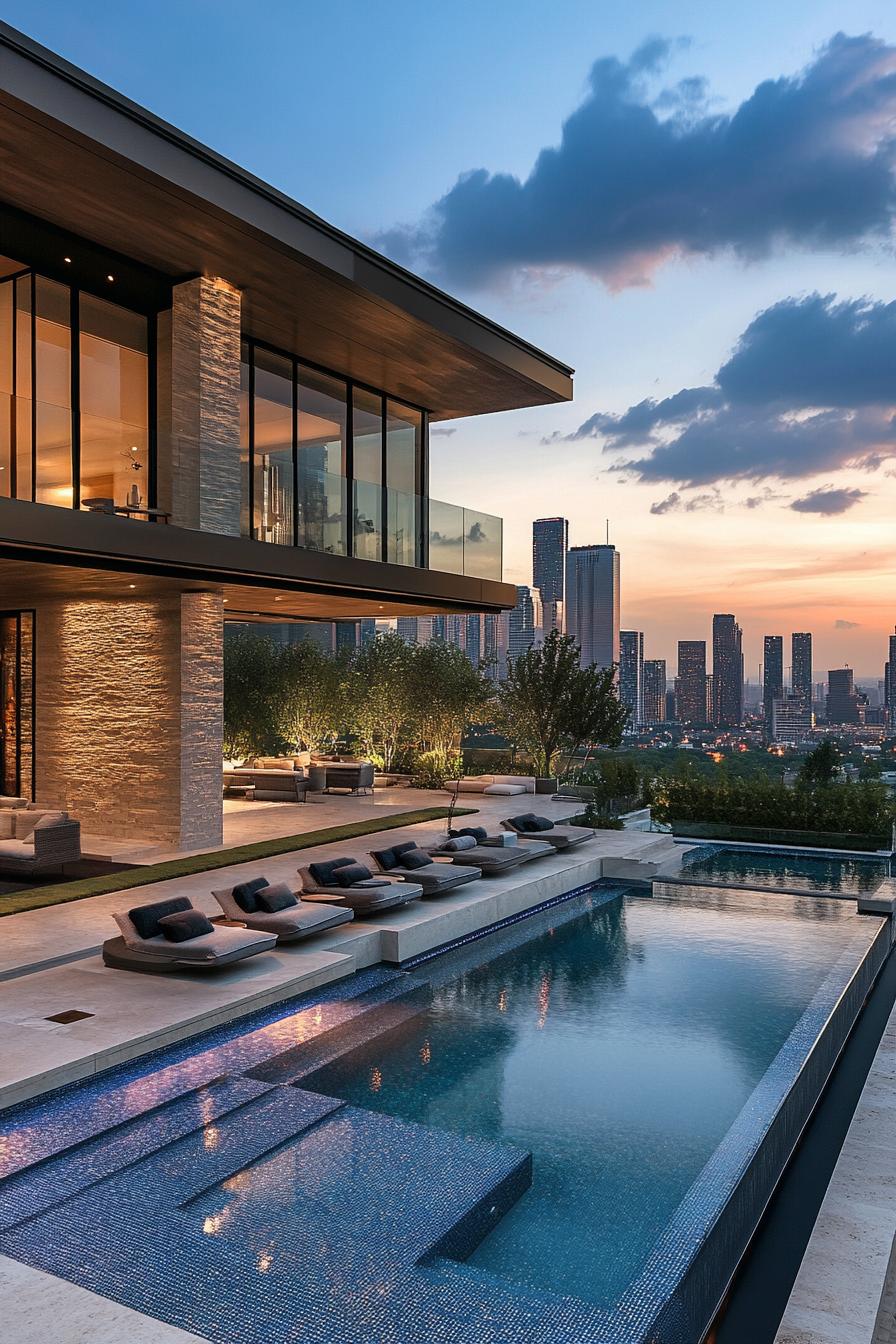 modern mansion pool with stunning city skyline view 1