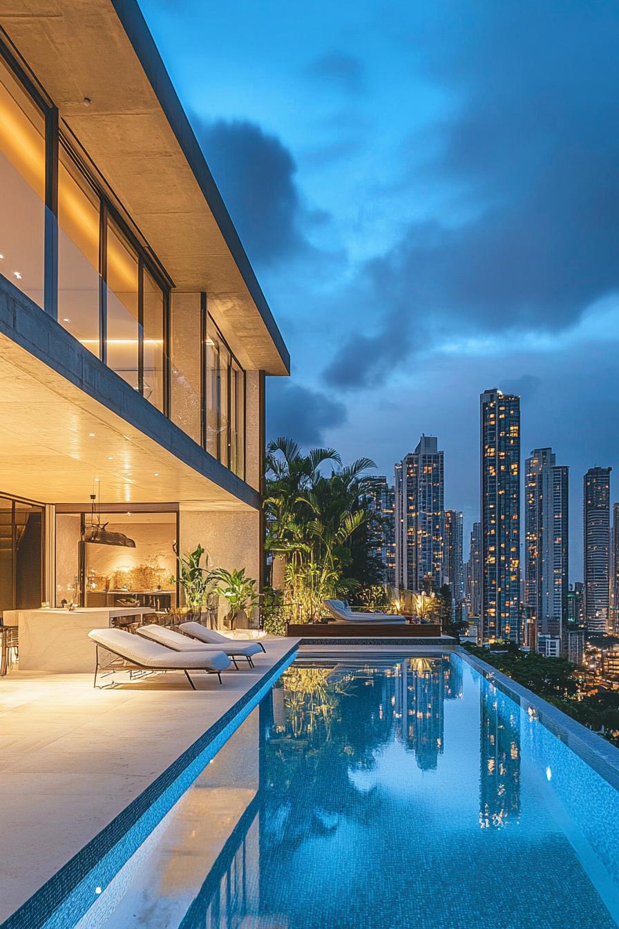 modern mansion pool with stunning city skyline view