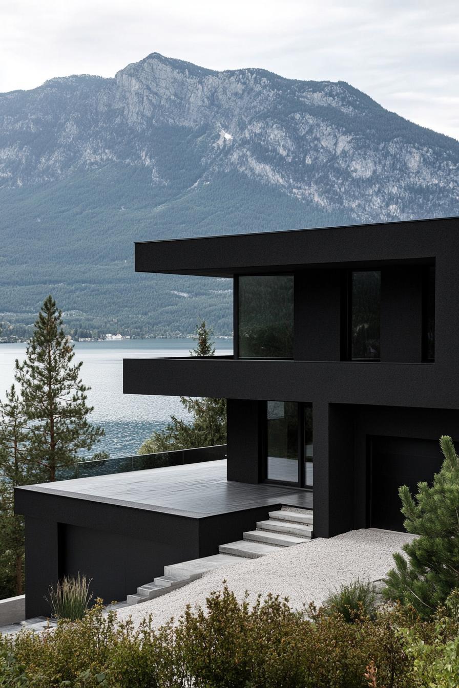 modern matte black house facade with glossy black trim mountains and a lake in the background 1