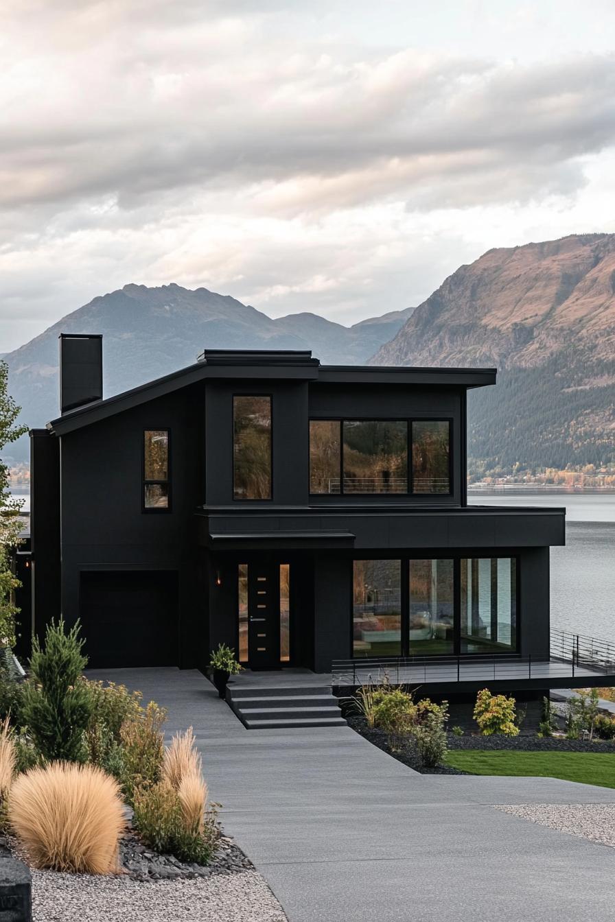 modern matte black house facade with glossy black trim mountains and a lake in the background 2