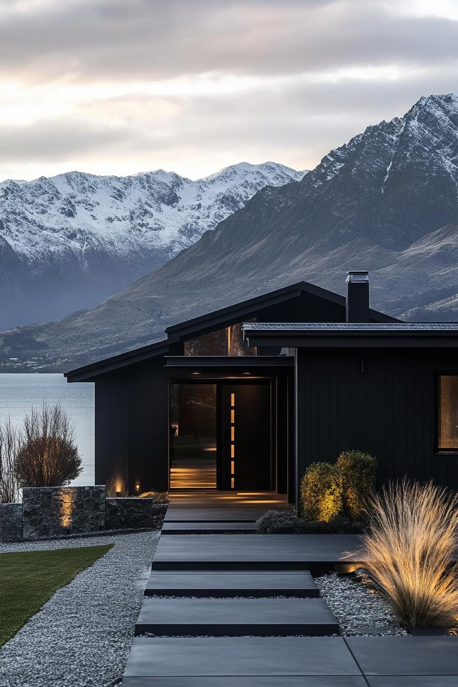 modern matte black house facade with glossy black trim mountains and a lake in the background 3