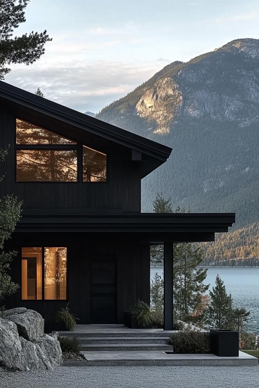 modern matte black house facade with glossy black trim mountains and a lake in the background