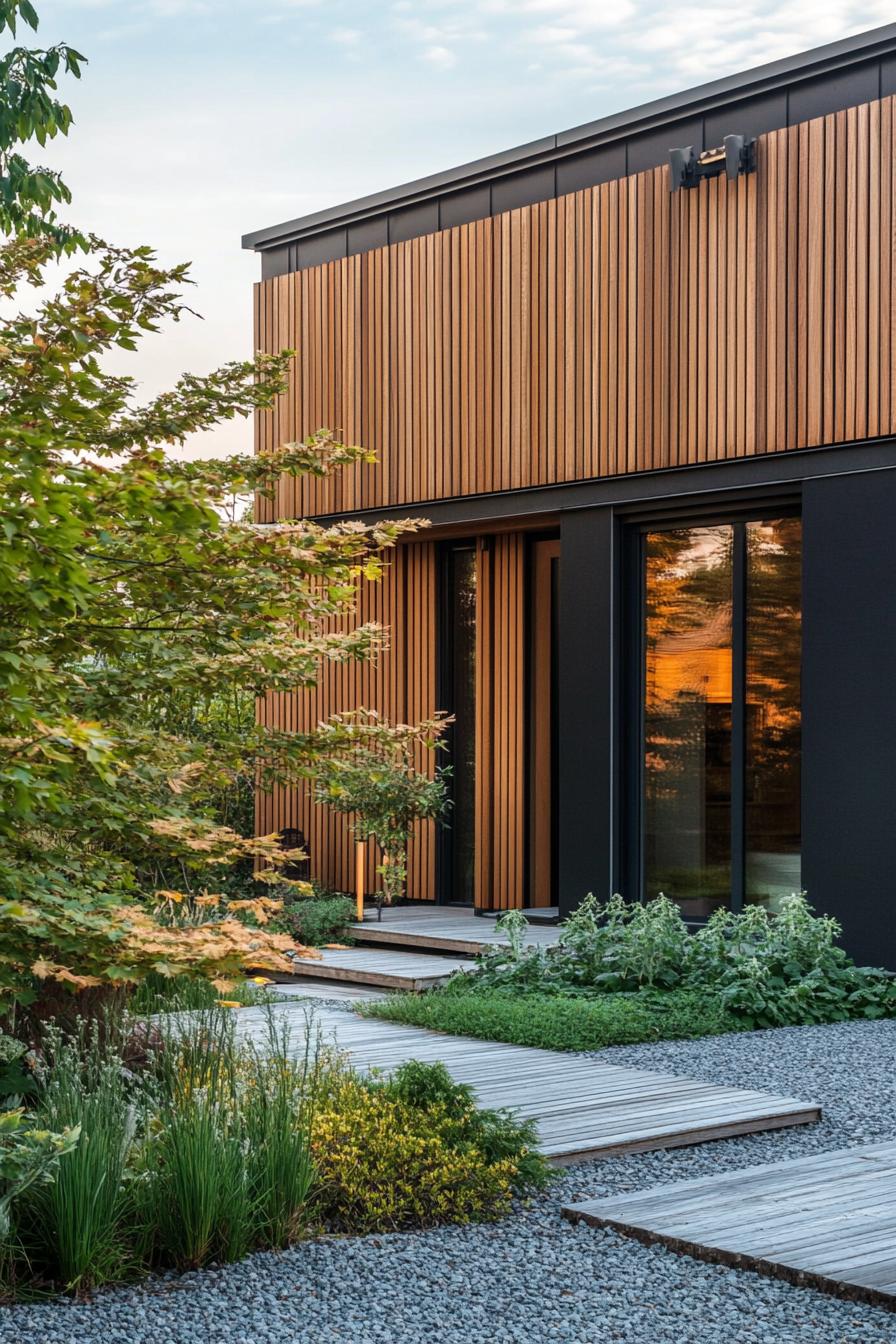 modern minimalist wooden house facade with vertical slats front zen garden with gravel paths 1