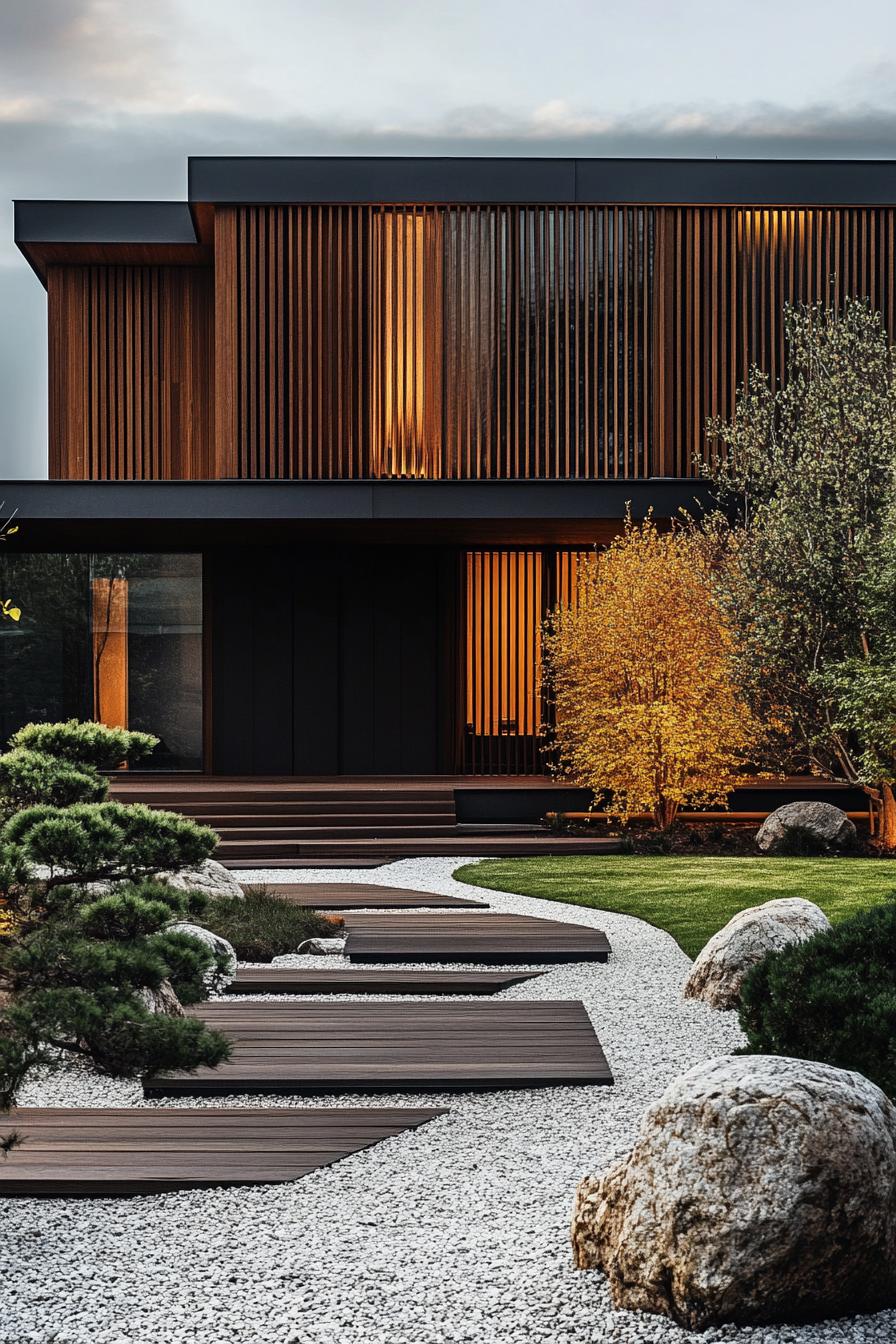 modern minimalist wooden house facade with vertical slats front zen garden with gravel paths 2