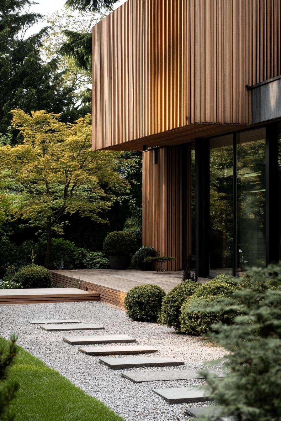 modern minimalist wooden house facade with vertical slats front zen garden with gravel paths