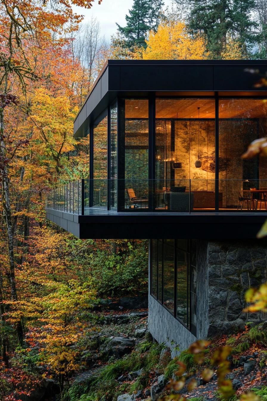 modern mountain eco lodge house with glass clad facade lush autumn foliage forest views 1