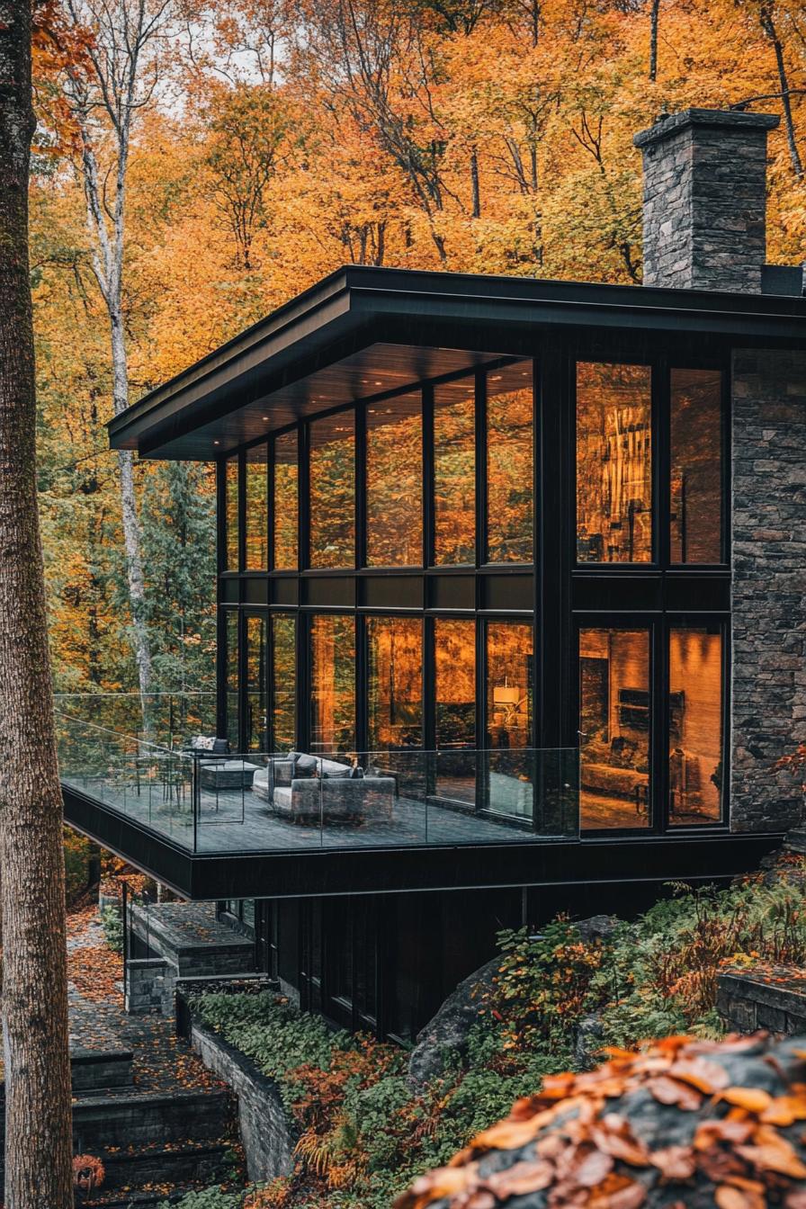 modern mountain eco lodge house with glass clad facade lush autumn foliage forest views 2