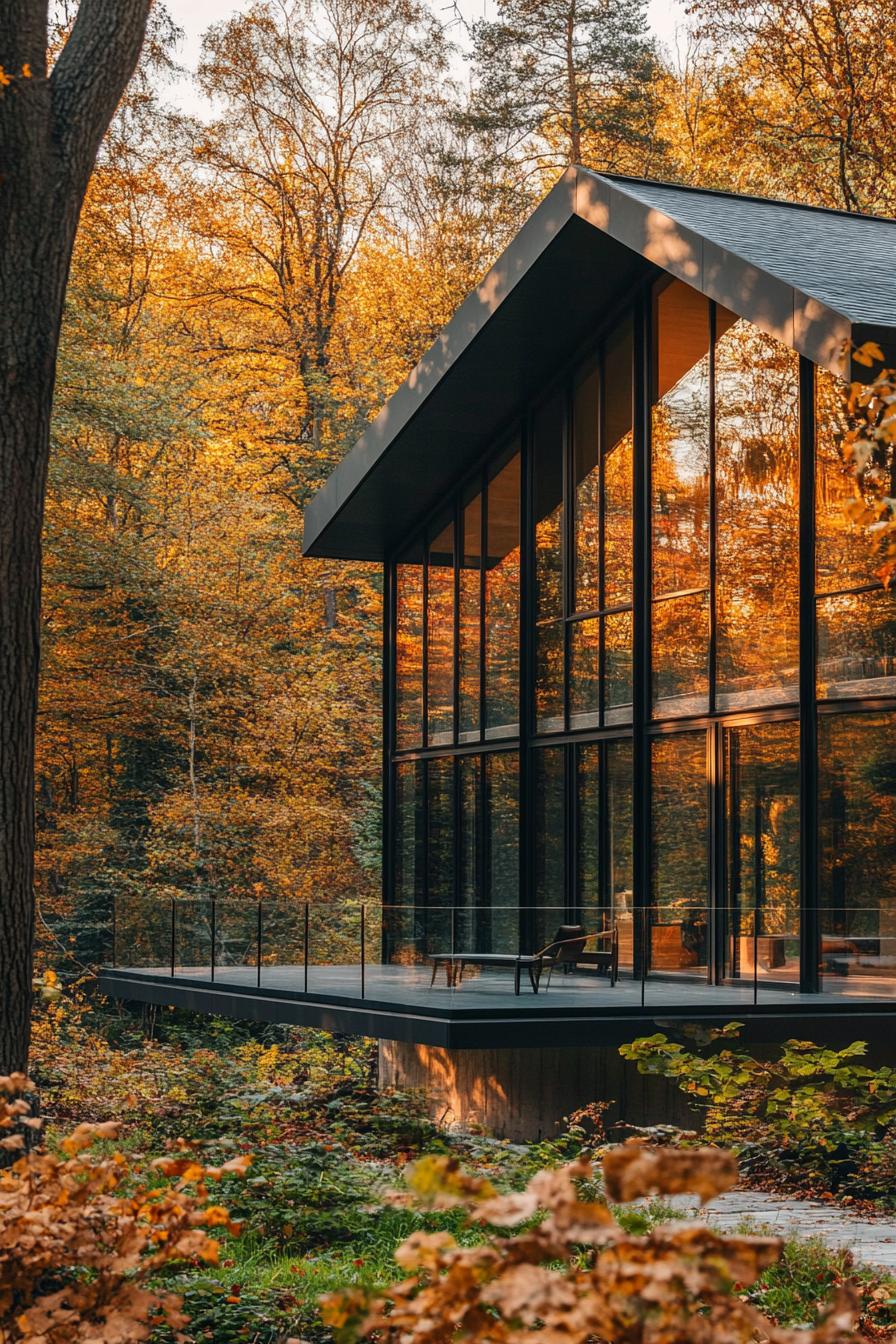 modern mountain eco lodge house with glass clad facade lush autumn foliage forest views 3