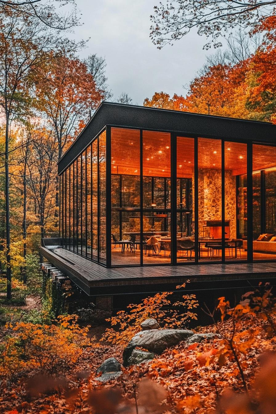 modern mountain eco lodge house with glass clad facade lush autumn foliage forest views