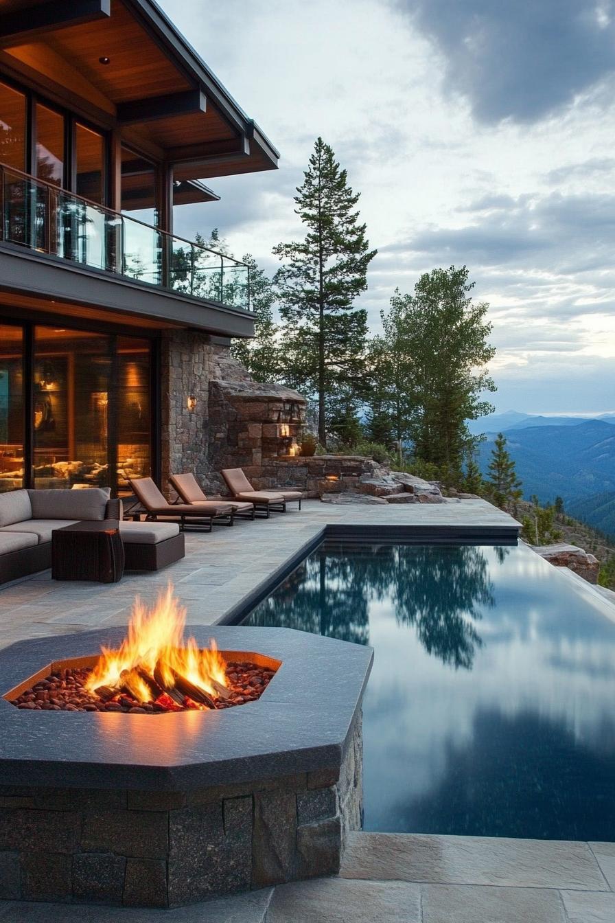 modern mountain house patio with firepit and infinity pool 1