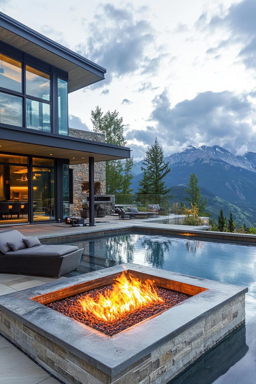 modern mountain house patio with firepit and infinity pool 2