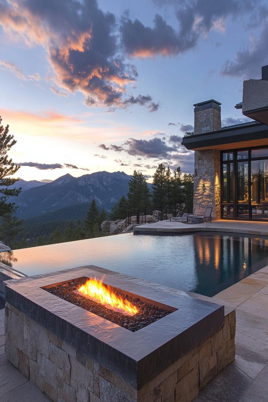 modern mountain house patio with firepit and infinity pool 3