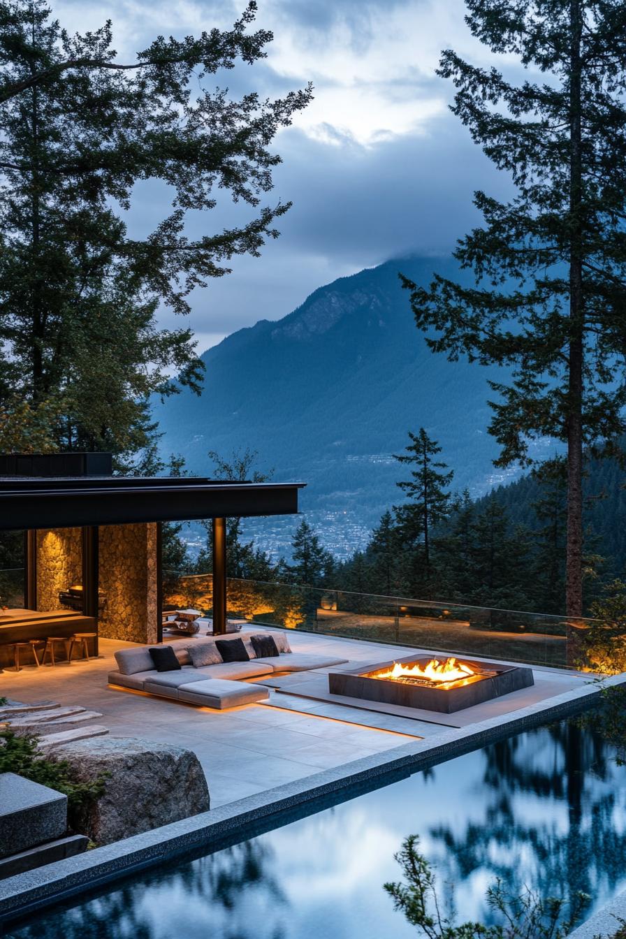 modern mountain house patio with firepit and infinity pool