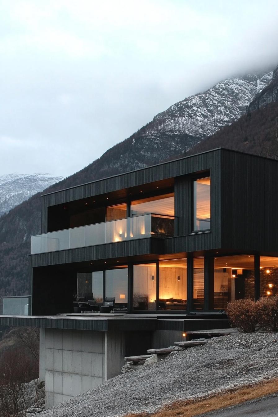 modern mountain house with charcoal stained wood facade and large glass windows stunning Norwegian fjord views 1