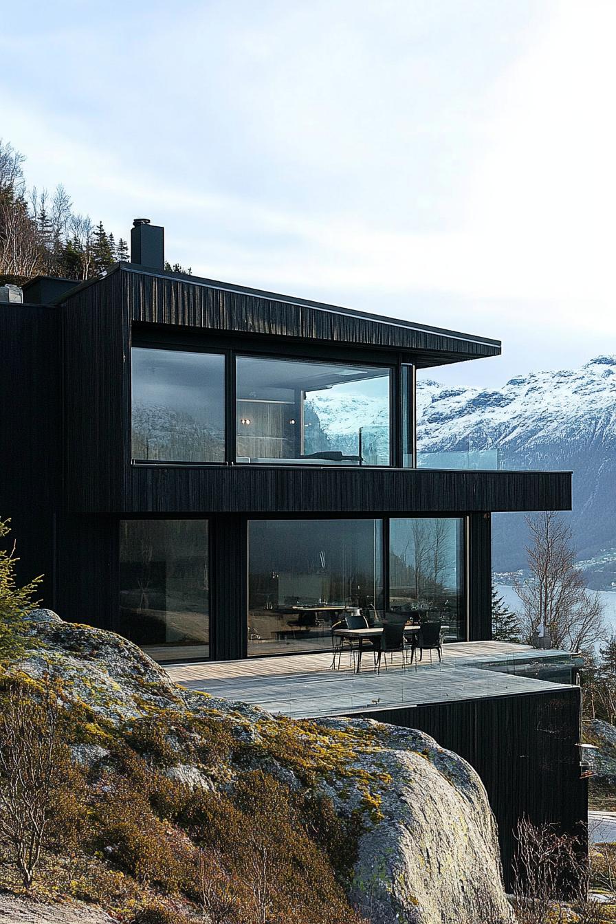 modern mountain house with charcoal stained wood facade and large glass windows stunning Norwegian fjord views 2