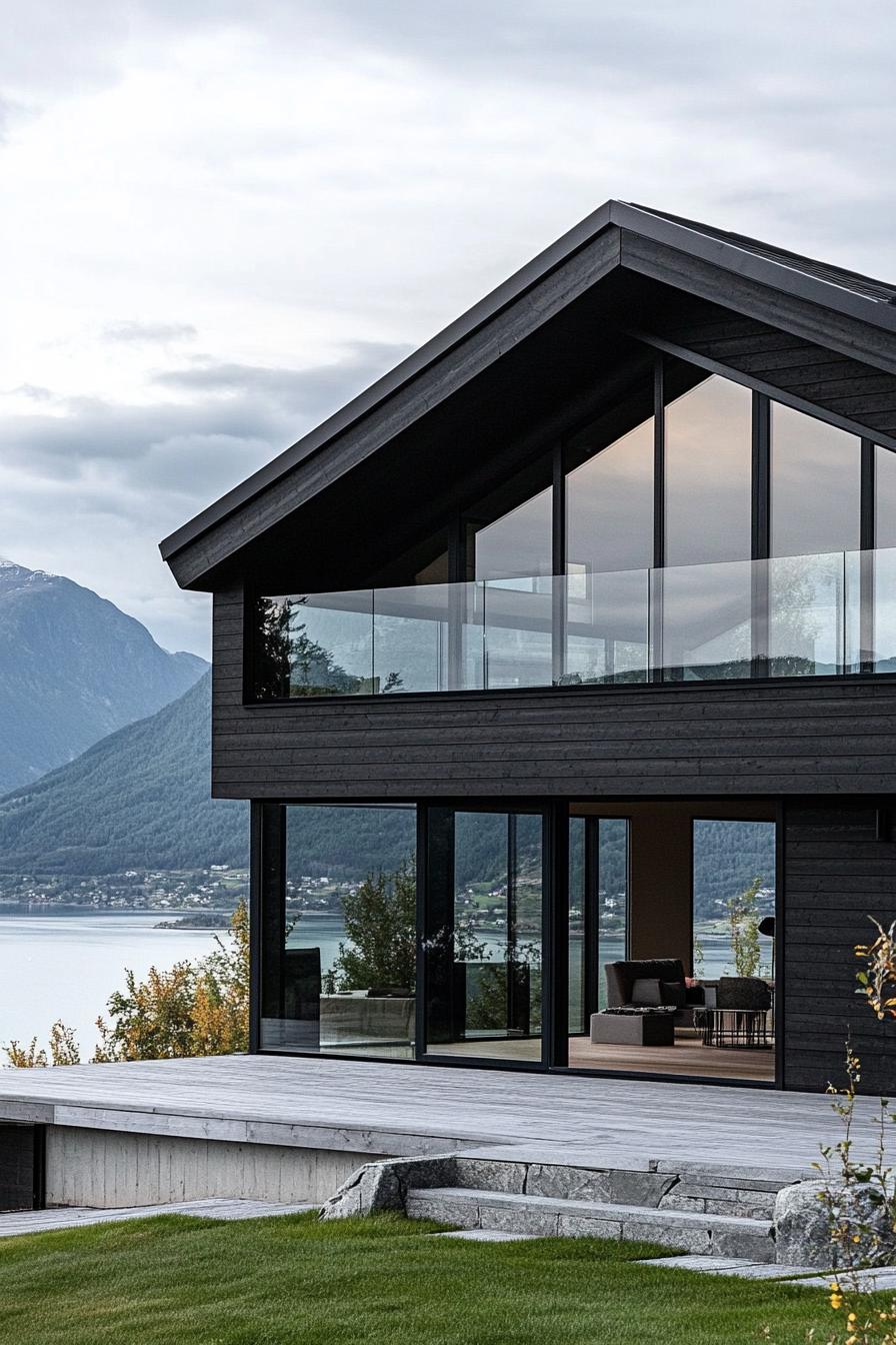 modern mountain house with charcoal stained wood facade and large glass windows stunning Norwegian fjord views 3