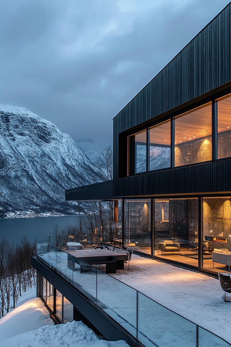 modern mountain house with charcoal stained wood facade and large glass windows stunning Norwegian fjord views