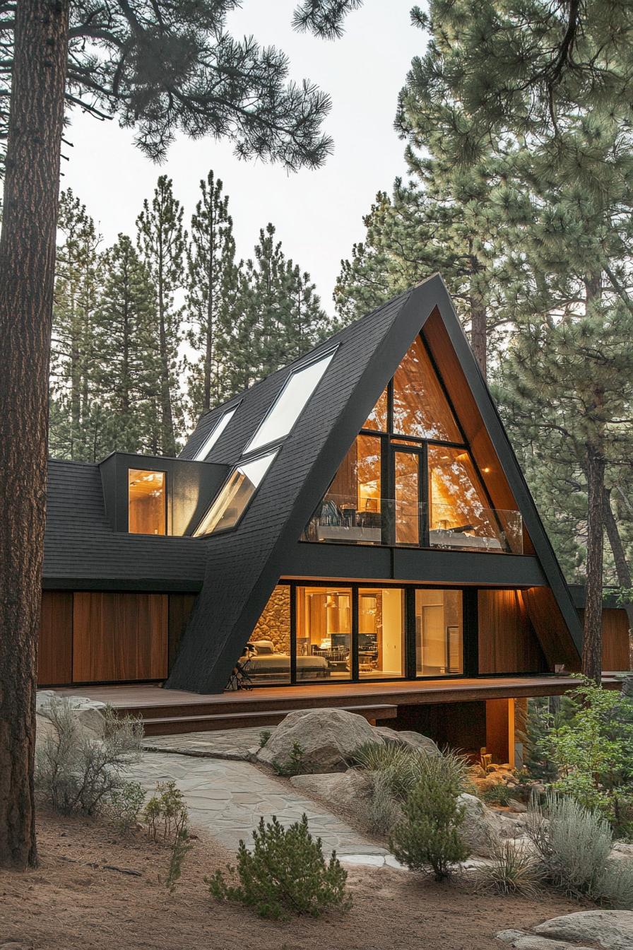 modern mountain woods house with A frame facade and skylight windows nestled between magnificent pine trees 1