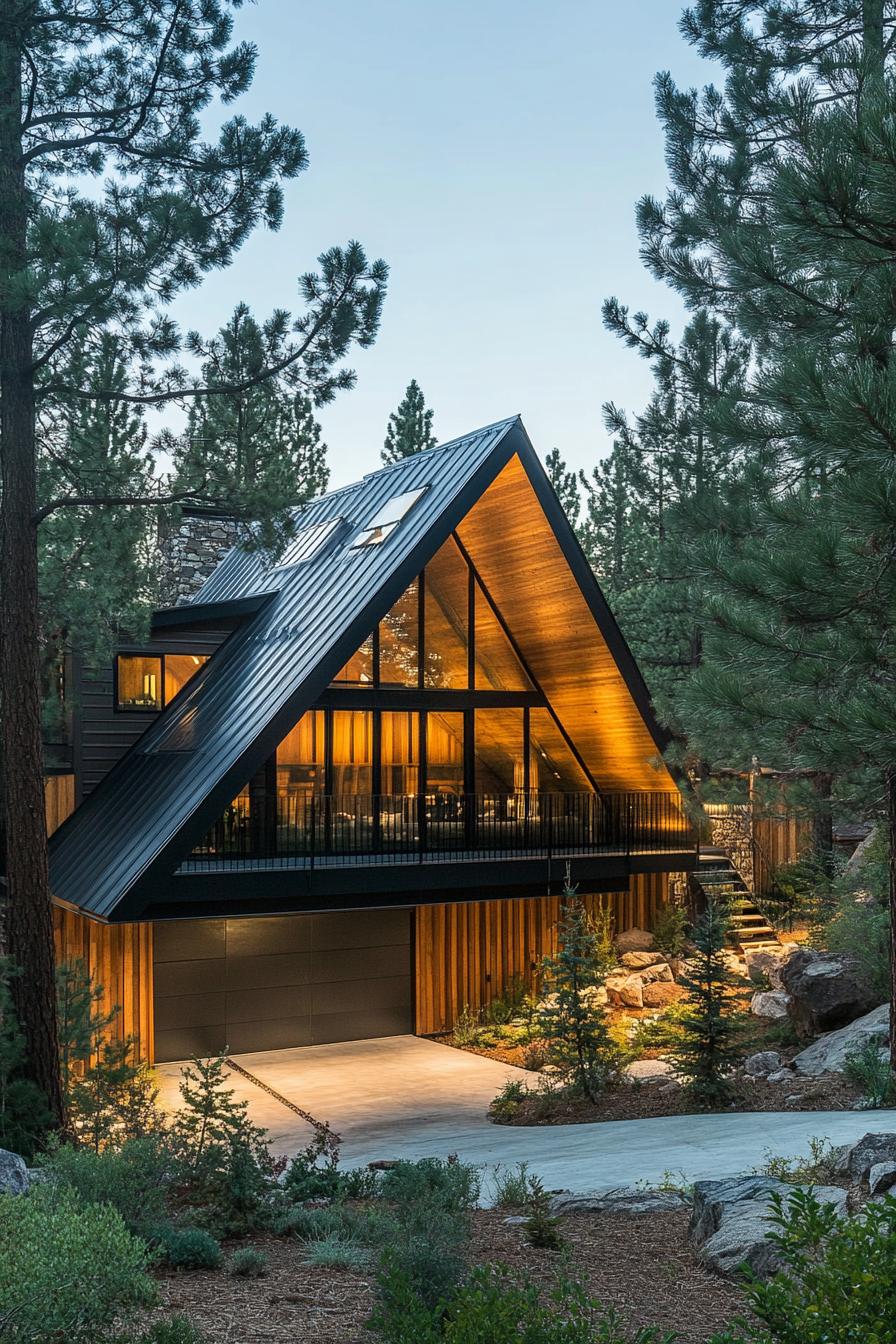 modern mountain woods house with A frame facade and skylight windows nestled between magnificent pine trees 2