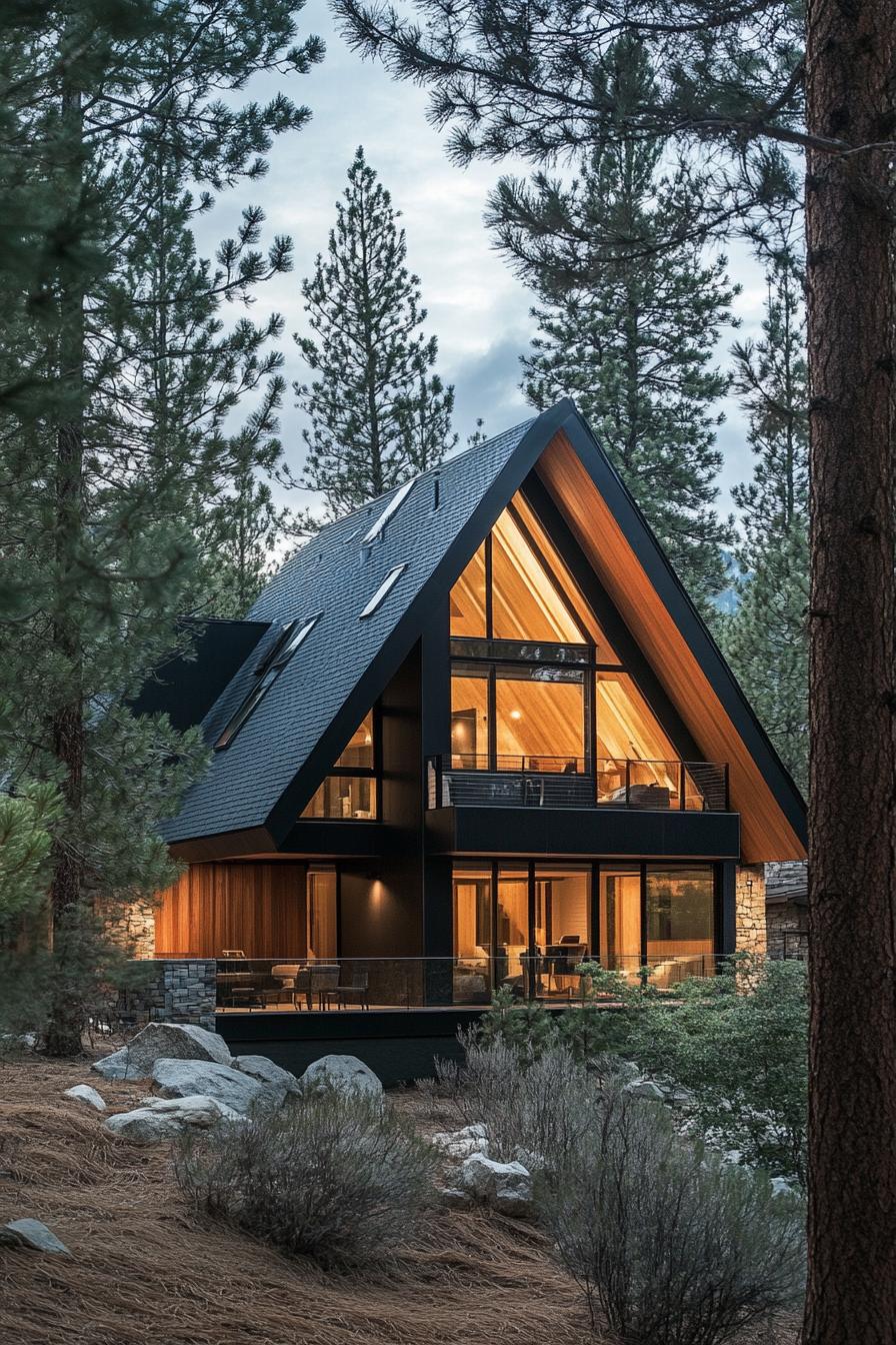 modern mountain woods house with A frame facade and skylight windows nestled between magnificent pine trees