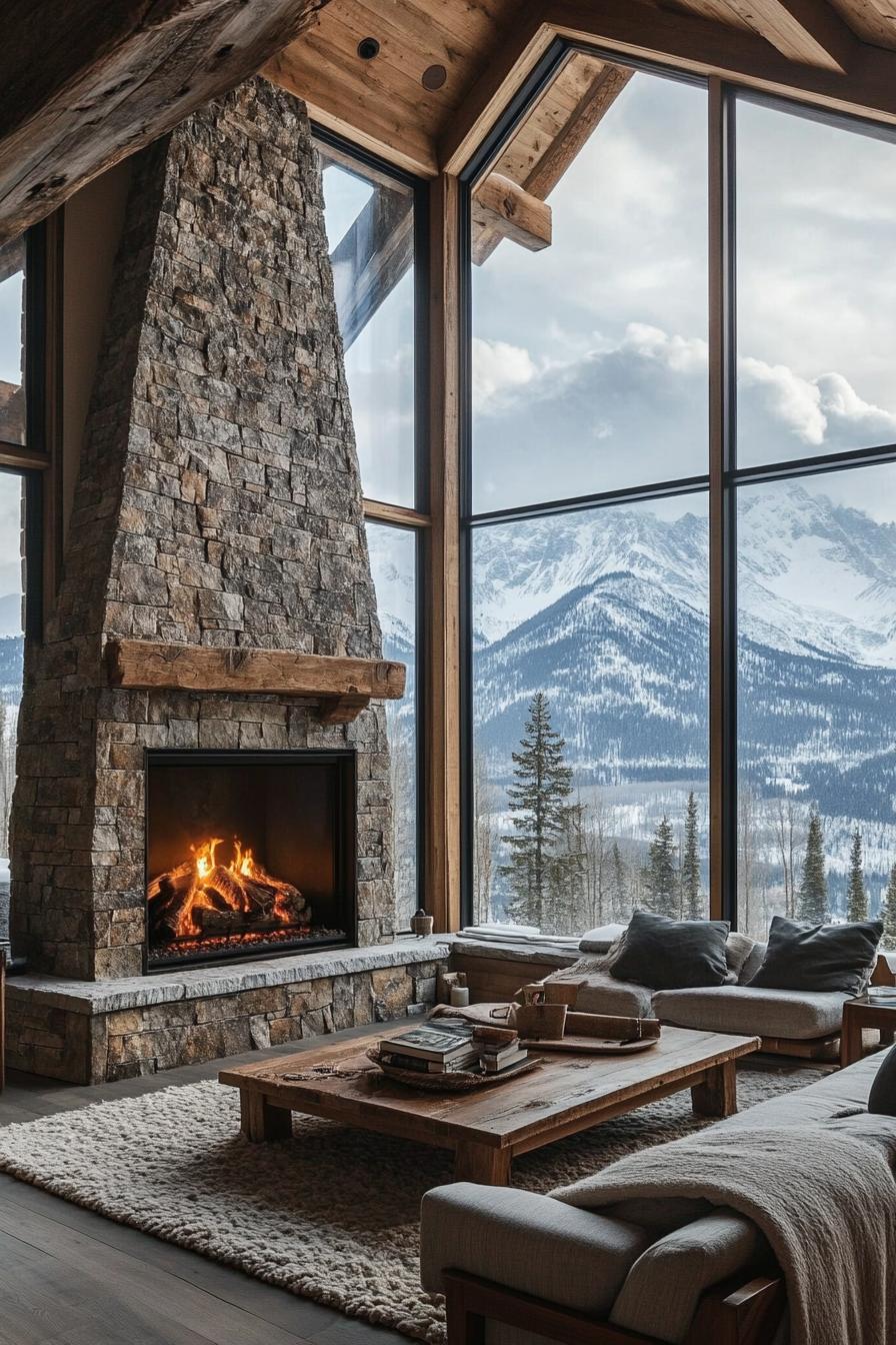 modern rustic mountain cabit floor to ceiling stone fireplace with large full wall windows with stunning snowy alpine mountain view 1