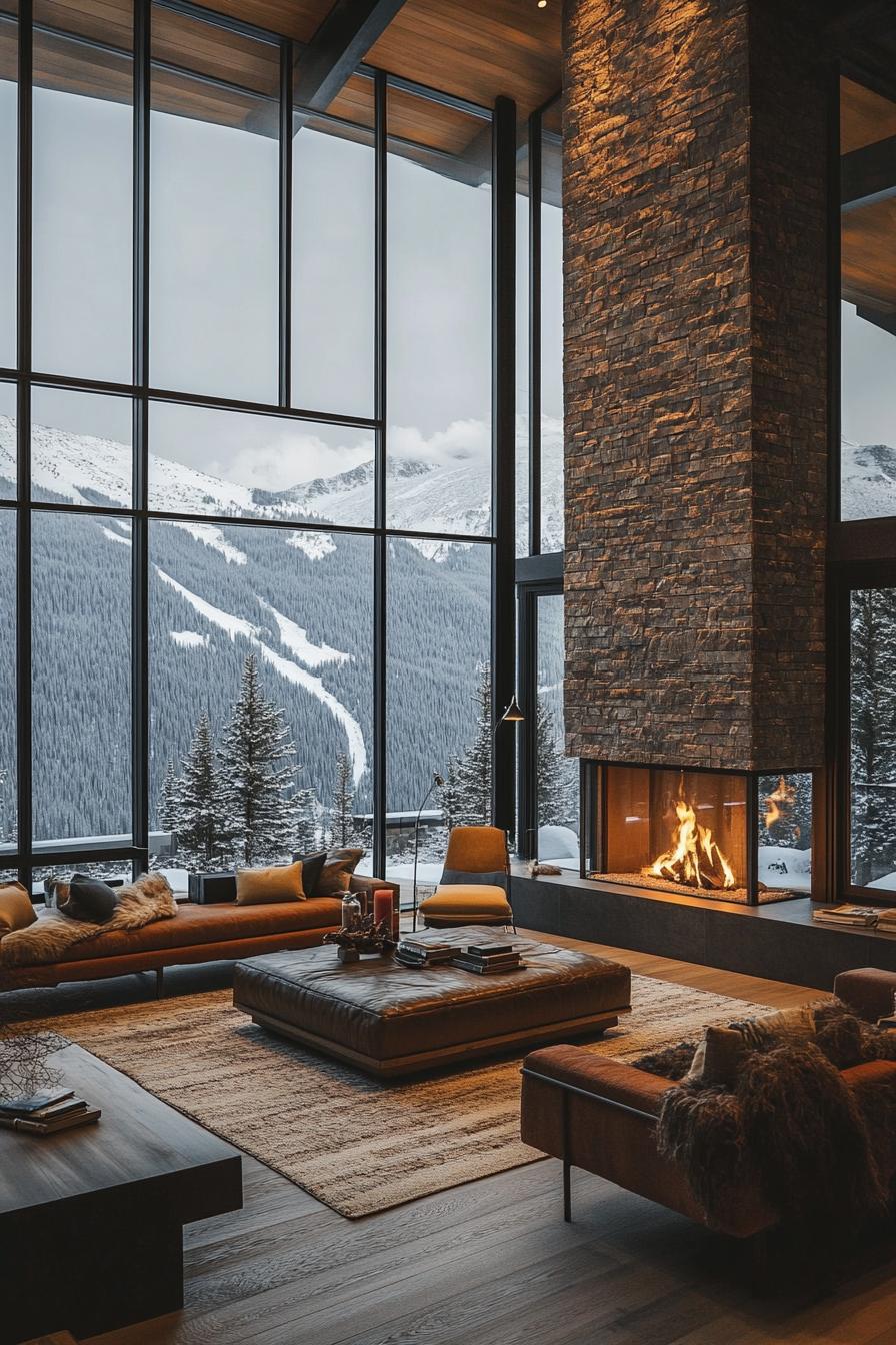 modern rustic mountain cabit floor to ceiling stone fireplace with large full wall windows with stunning snowy alpine mountain view 2