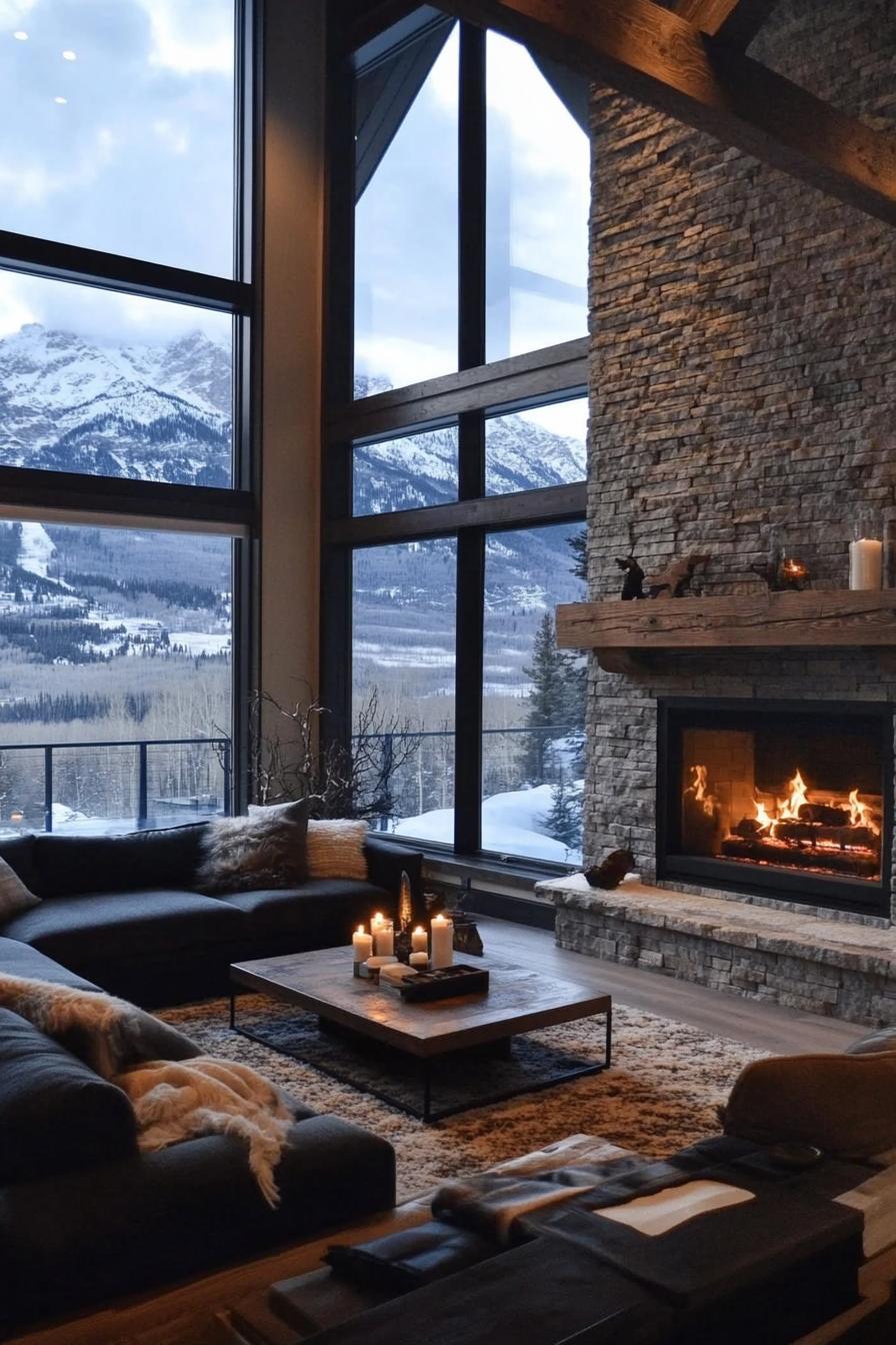 modern rustic mountain cabit floor to ceiling stone fireplace with large full wall windows with stunning snowy alpine mountain view 3