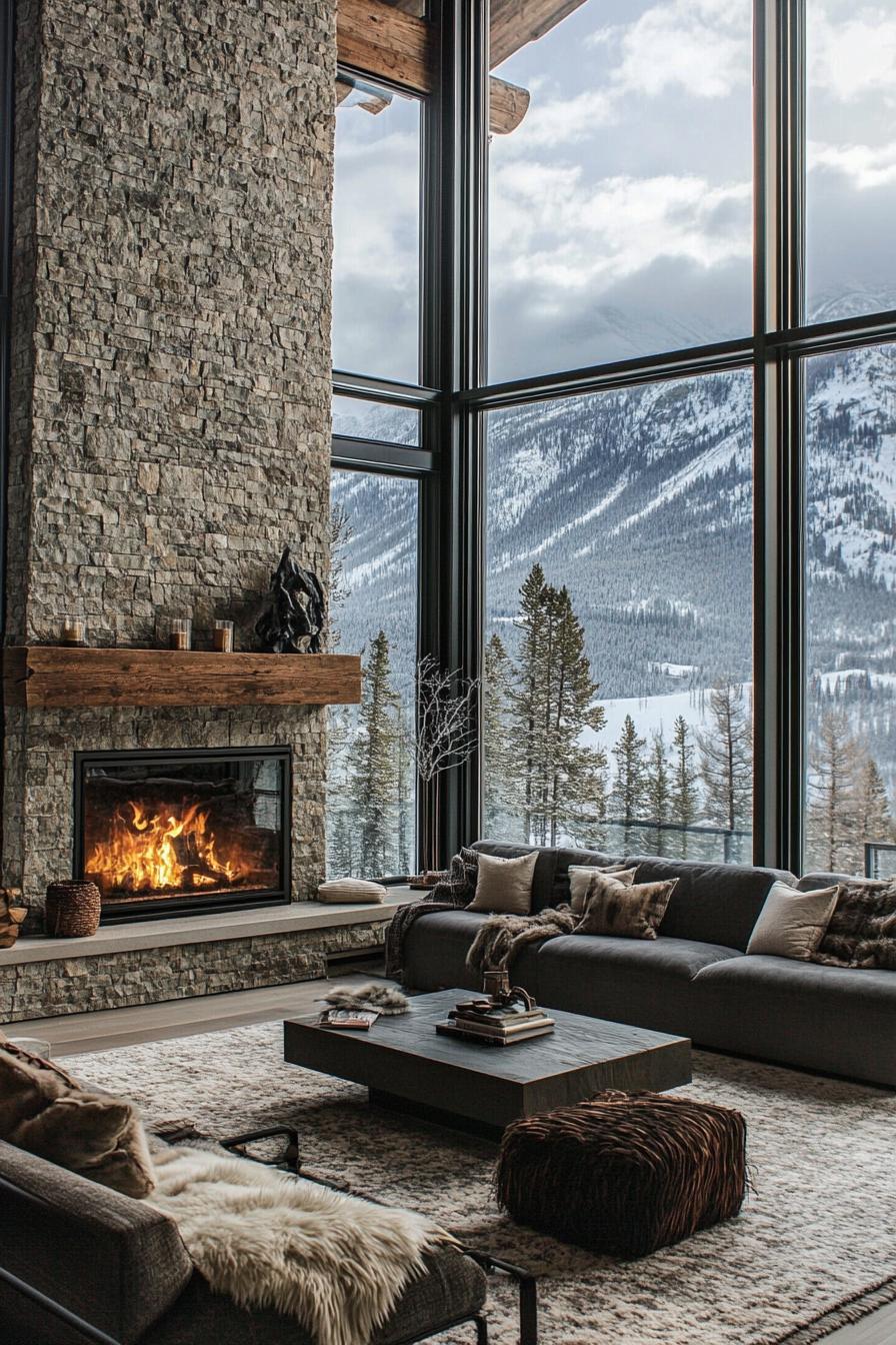 modern rustic mountain cabit floor to ceiling stone fireplace with large full wall windows with stunning snowy alpine mountain view