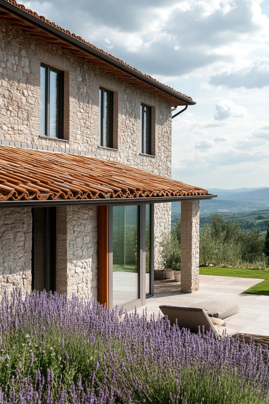 modern stone villa with terracotta roof in Tuscany