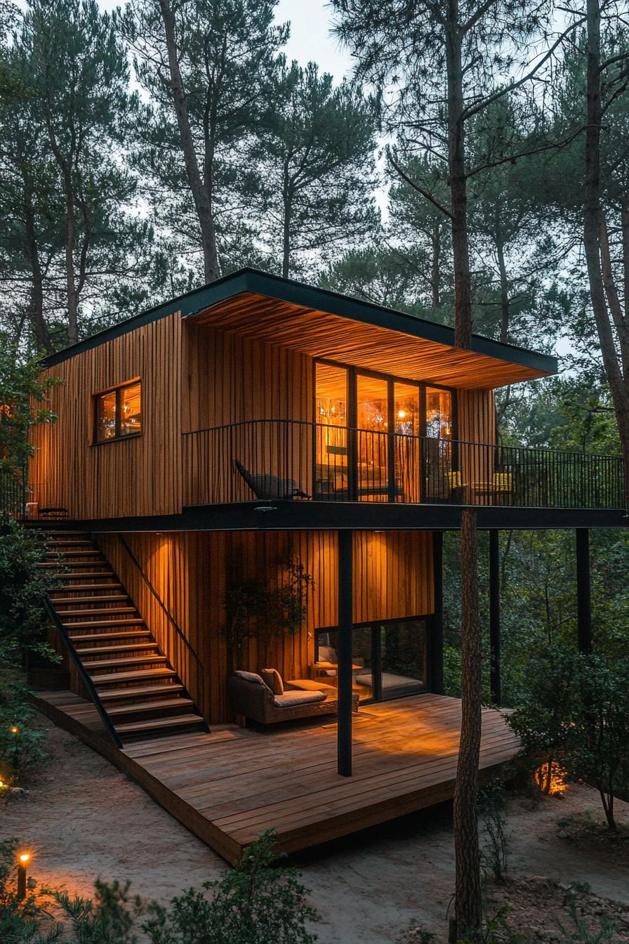 modern treehouse timber cabin home in a stunning pine forest with high trees 1